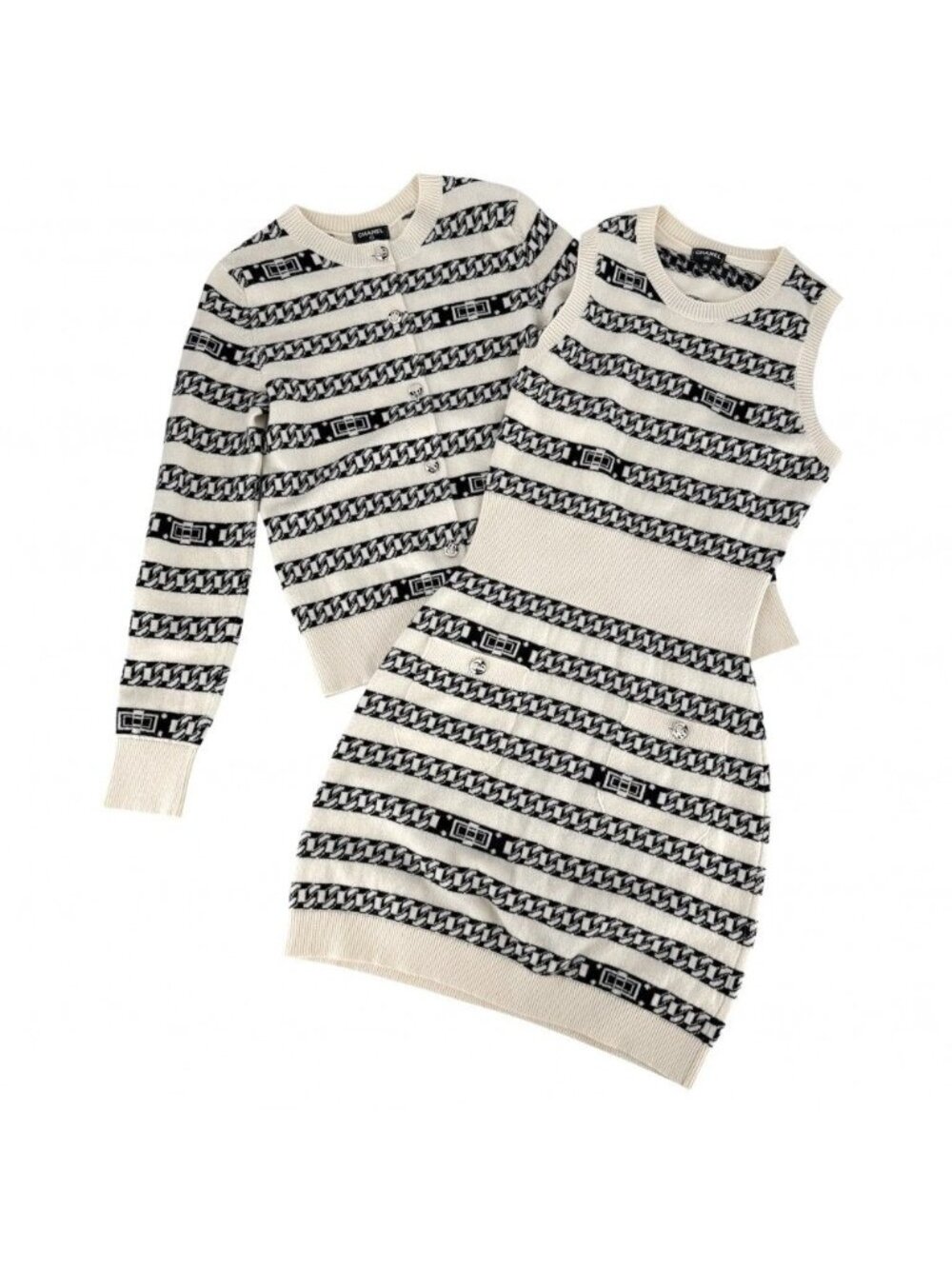 Chanel Set Coco Button Border Cardigan Sleeveless Dress Vintage 34 White Black